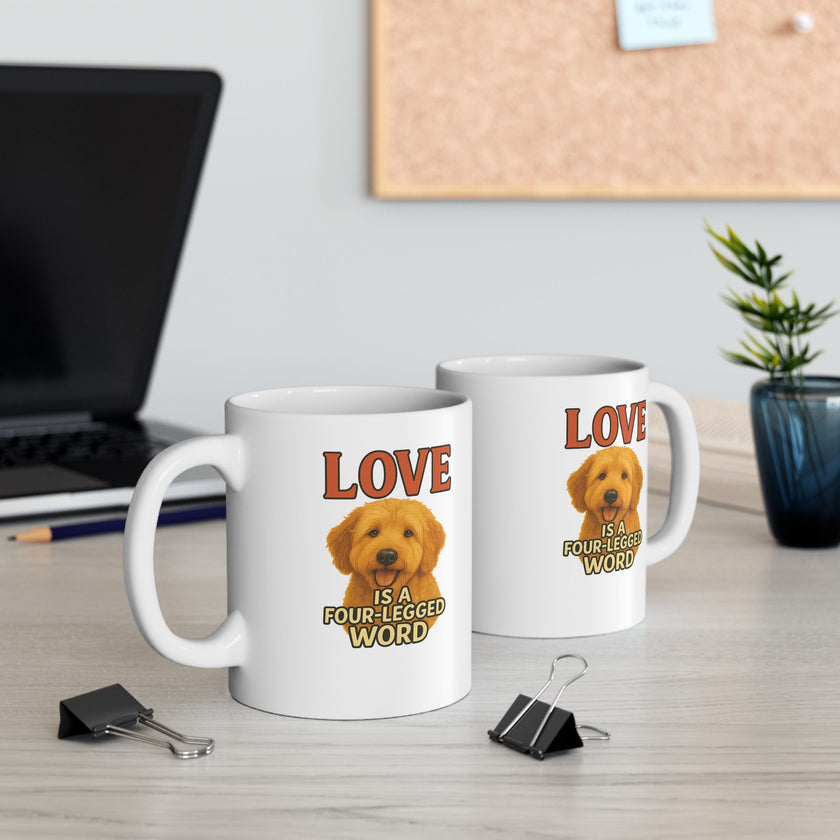 Two white mugs with a dog illustration and 'LOVE is a four-legged word' text on a desk.