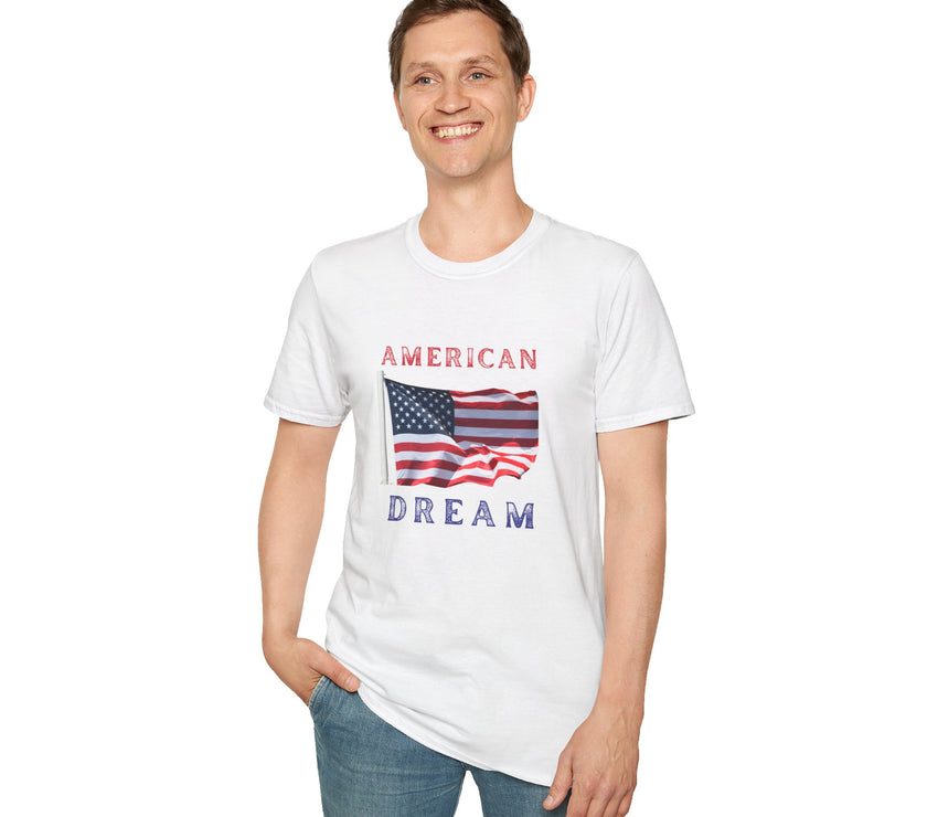 Male wearing T-shirt featuring an American flag graphic with the words 'AMERICAN DREAM' in red and blue text above and below the flag