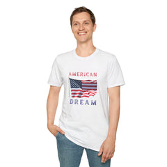 Male wearing T-shirt featuring an American flag graphic with the words 'AMERICAN DREAM' in red and blue text above and below the flag