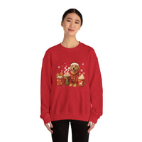 Person wearing a red sweatshirt with a dog and hot chocolate graphic on a white background
