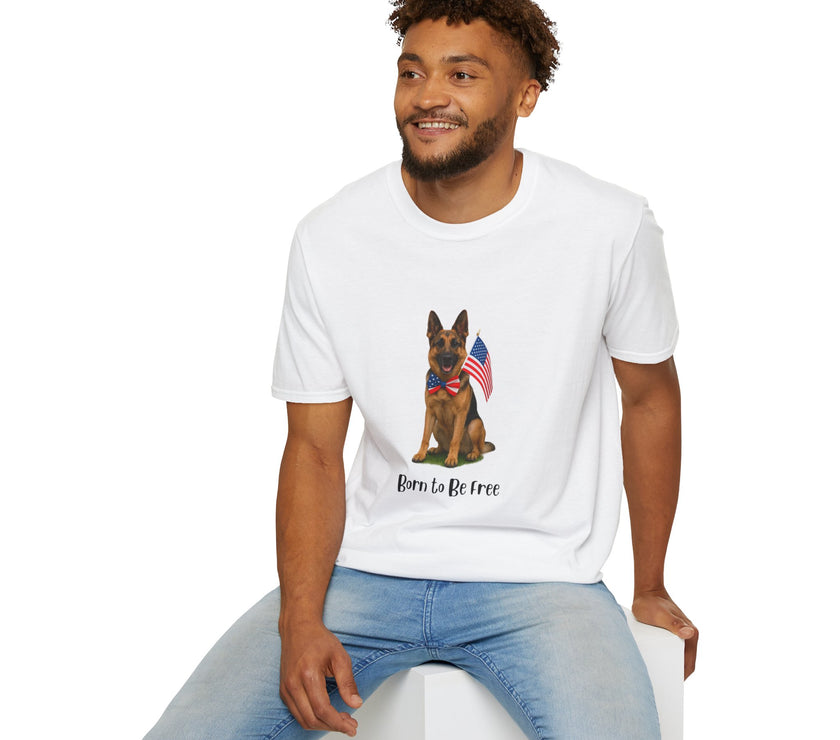 White t-shirt featuring a patriotic German Shepherd wearing an American flag bowtie and holding U.S. flags, with the phrase "Born to Be Free" printed below — perfect for dog lovers and patriotic Americans.