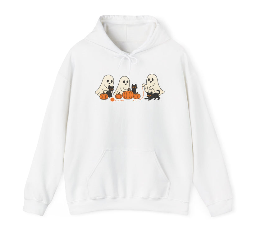 White hoodie with Halloween-themed design featuring ghosts and pumpkins on a white background