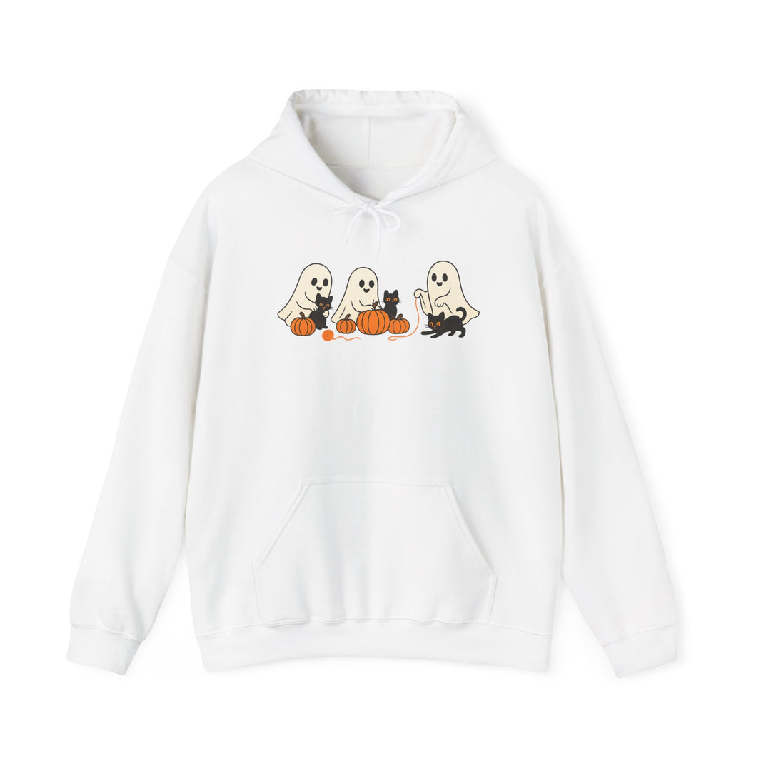 White hoodie with Halloween-themed design featuring ghosts and pumpkins on a white background