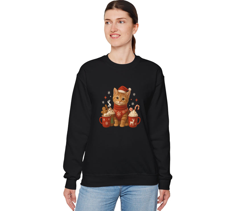 Person wearing a black sweatshirt with a Christmas-themed design of a cat and mugs.