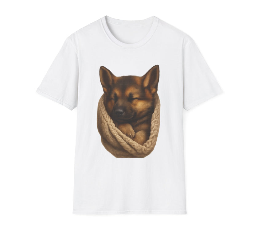 White t-shirt with a graphic of a dog wrapped in rope on a white background