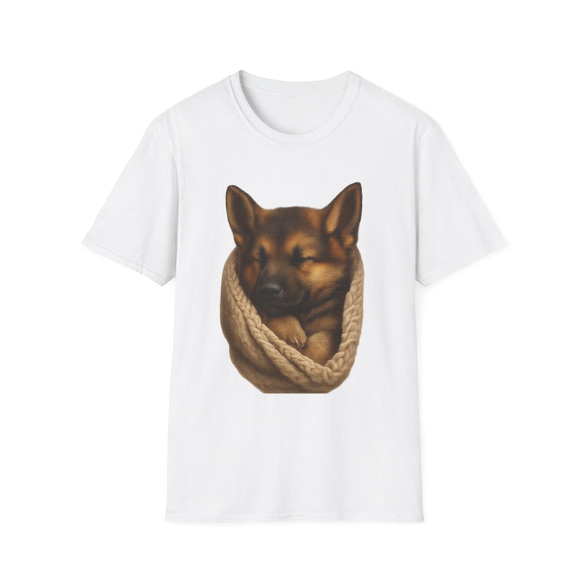 White t-shirt with a graphic of a dog wrapped in rope on a white background
