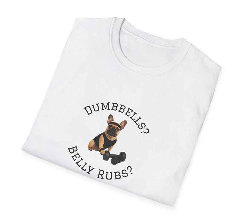 White t-shirt with a dog graphic and text on a white background