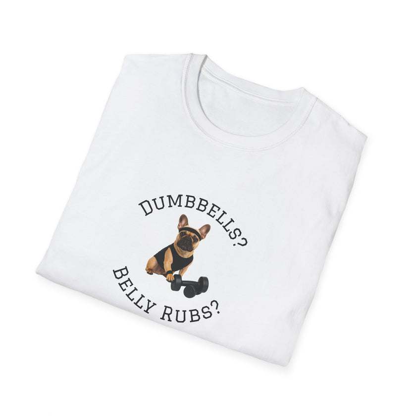 White t-shirt with a dog graphic and text on a white background