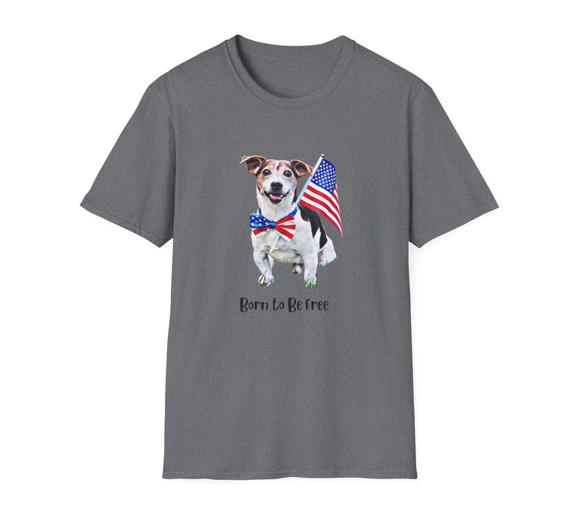 T-shirt featuring a cute  puppy wearing an American flag bow tie and holding a small U.S. flag, with the phrase 'Born to Be Free' printed below the image.