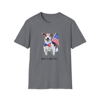 T-shirt featuring a cute  puppy wearing an American flag bow tie and holding a small U.S. flag, with the phrase 'Born to Be Free' printed below the image.