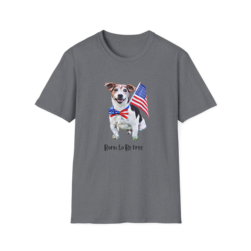 T-shirt featuring a cute  puppy wearing an American flag bow tie and holding a small U.S. flag, with the phrase 'Born to Be Free' printed below the image.
