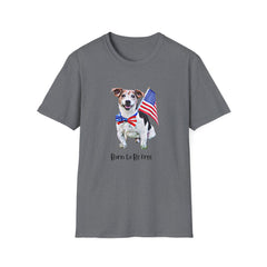 T-shirt featuring a cute  puppy wearing an American flag bow tie and holding a small U.S. flag, with the phrase 'Born to Be Free' printed below the image.