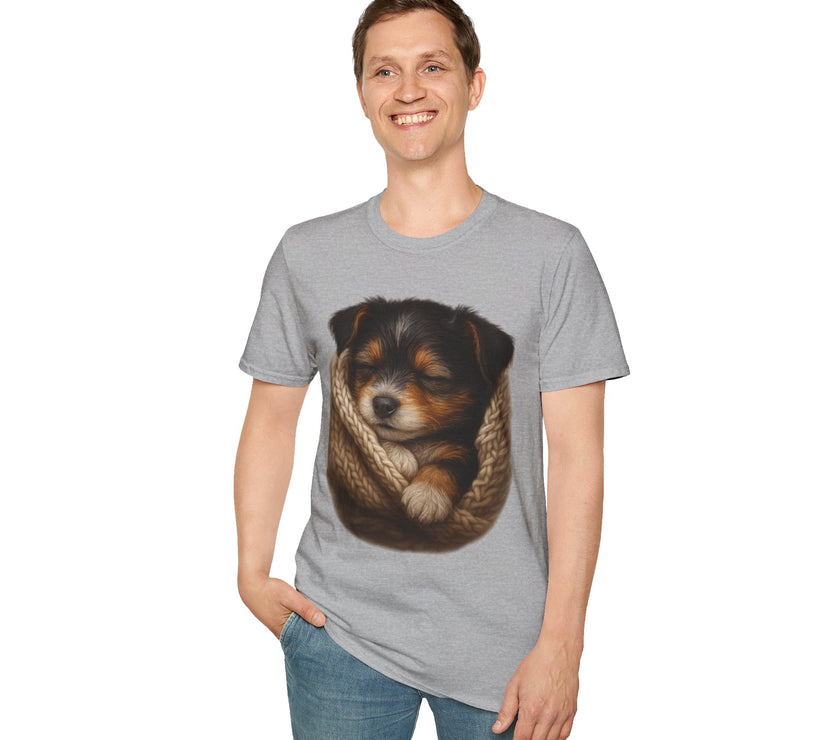 Person wearing a gray t-shirt with a dog graphic on a white background