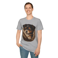 Person wearing a gray t-shirt with a dog graphic on a white background