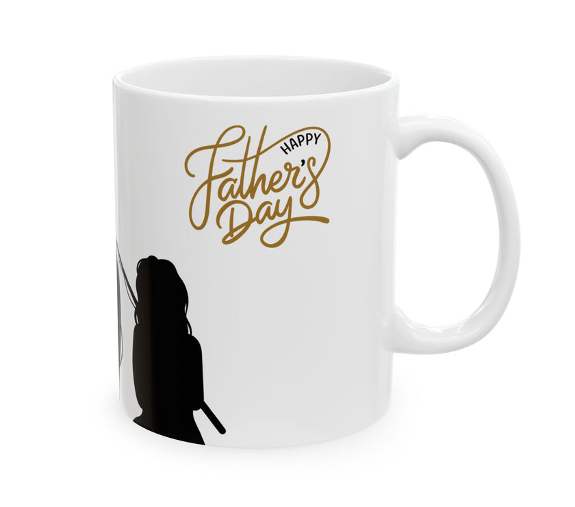 White ceramic mug featuring a silhouette of a child holding a fishing rod next to an adult figure, with the words "Happy Father's Day" in gold script above—an ideal gift for dads who love fishing and family time.