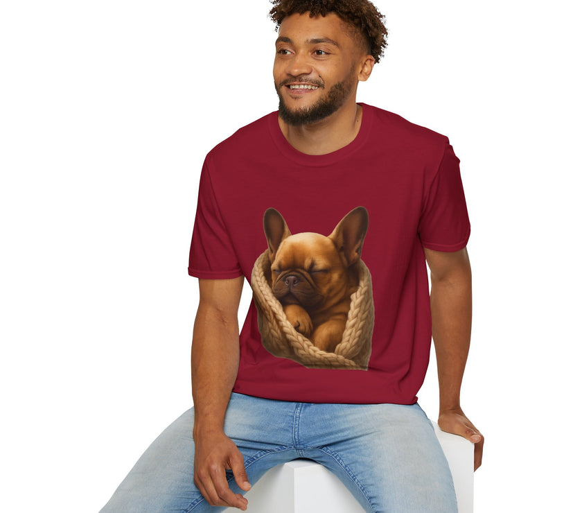 Man wearing a red t-shirt with a dog graphic on a white background