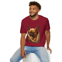 Man wearing a red t-shirt with a dog graphic on a white background