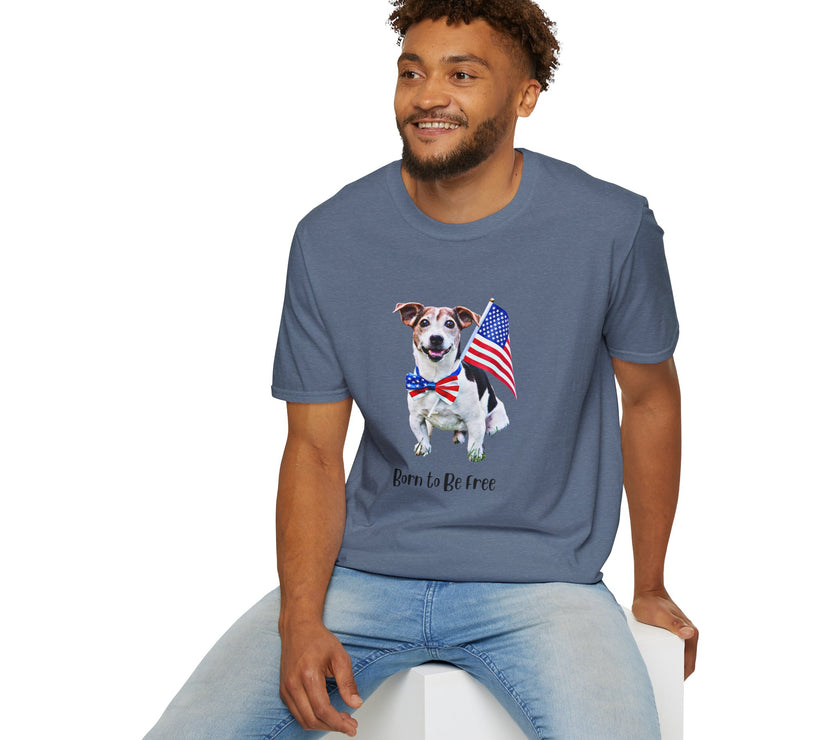 Male wearing T-shirt featuring a cute golden doodle puppy wearing an American flag bow tie and holding a small U.S. flag, with the phrase 'Born to Be Free' printed below the image.