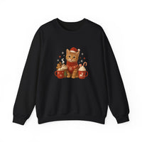 Black sweatshirt with a festive cat design on a white background