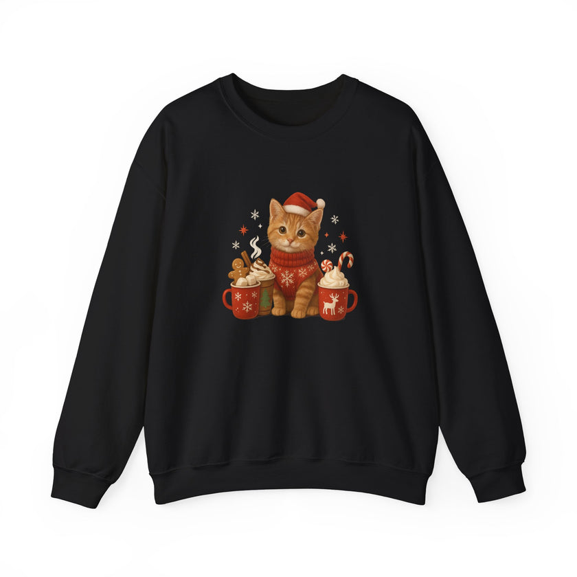 Black sweatshirt with a festive cat design on a white background