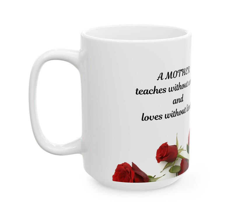 Elegant Floral Coffee Mug for Mom with Timeless Mother's Quote   "A mother teaches without words and loves without ." 
