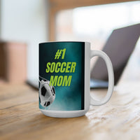 Mug with '#1 Soccer Mom' text and soccer ball design on a teal background