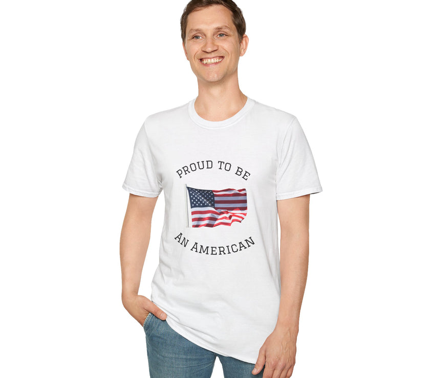 Young man  wearing a white t-shirt with an American flag graphic and the words 'Proud to Be an American' printed around the flag