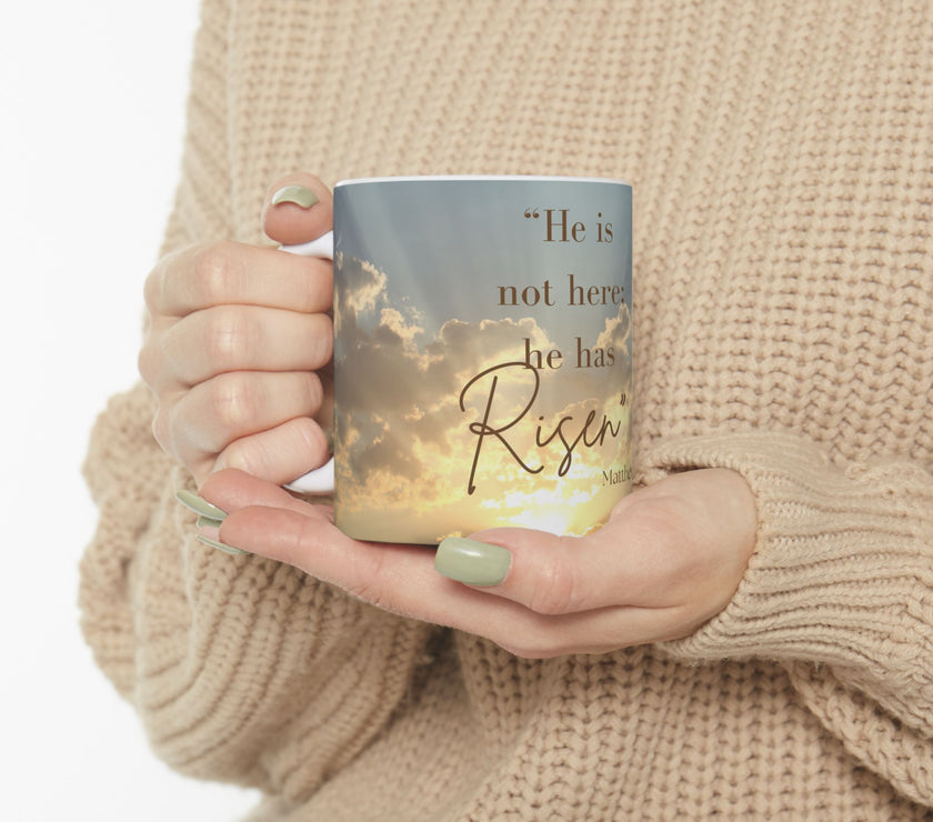 Morning Blessings Mug – Christian Ceramic Coffee Cup witn message  “He is not here; he has Risen – Matthew 28:6” ceramic mug.