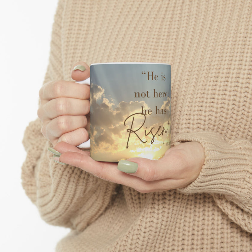 Morning Blessings Mug – Christian Ceramic Coffee Cup witn message  “He is not here; he has Risen – Matthew 28:6” ceramic mug.