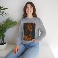 Woman wearing a gray sweatshirt with a dog's face printed on it, sitting in a room with a plant.