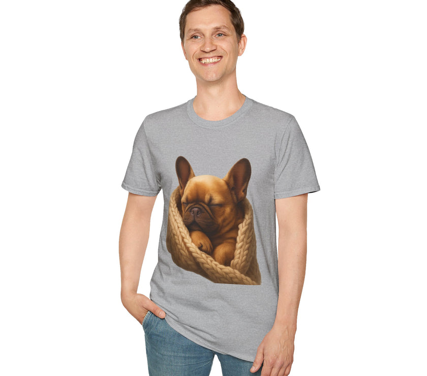 Person wearing a gray t-shirt with a dog graphic on a white background