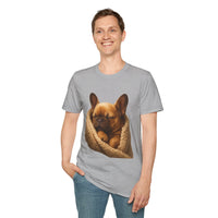 Person wearing a gray t-shirt with a dog graphic on a white background