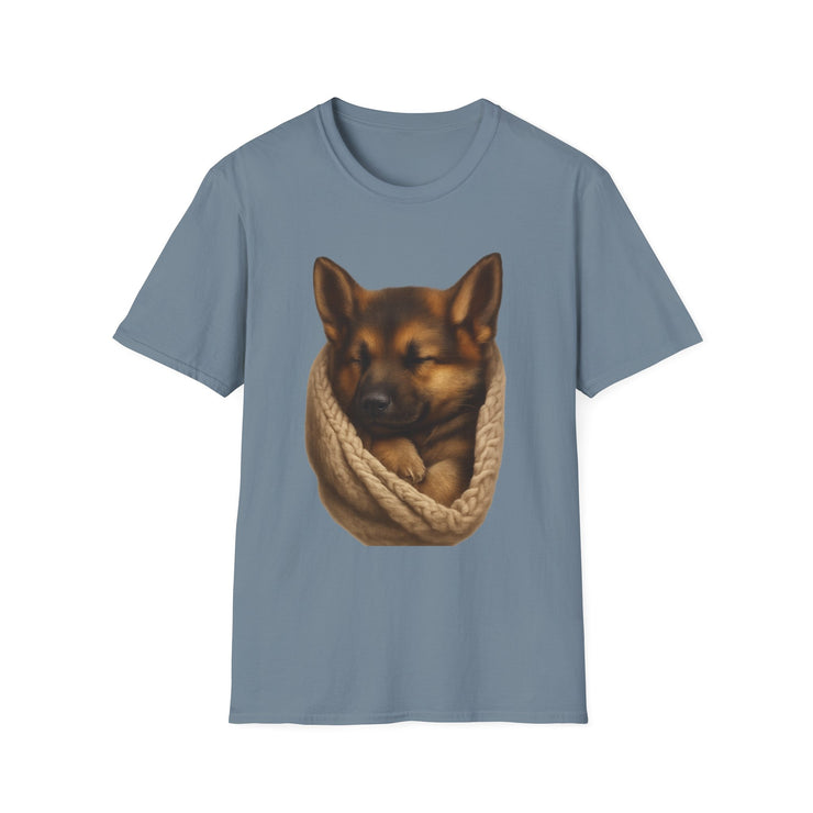 Blue t-shirt with a dog and knitted scarf design on a white background