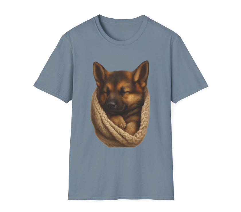 Blue t-shirt with a dog and knitted scarf design on a white background