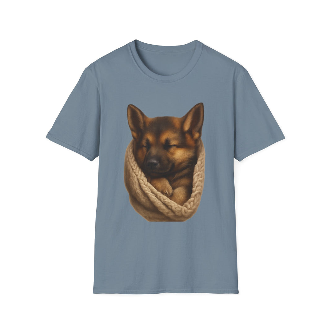 Blue t-shirt with a dog and knitted scarf design on a white background