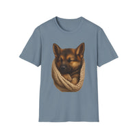 Blue t-shirt with a dog and knitted scarf design on a white background