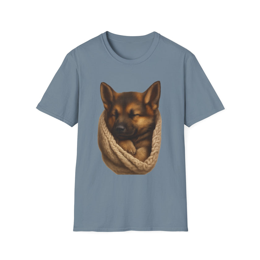 Blue t-shirt with a dog and knitted scarf design on a white background