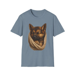 Blue t-shirt with a dog and knitted scarf design on a white background