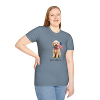 Female wearing T-shirt featuring a cute golden doodle puppy wearing an American flag bow tie and holding a small U.S. flag, with the phrase 'Born to Be Free' printed below the image.