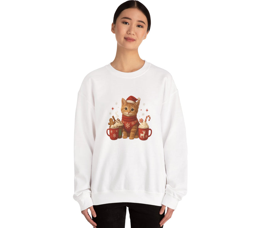 White sweatshirt with a festive cat design worn by a person on a white background