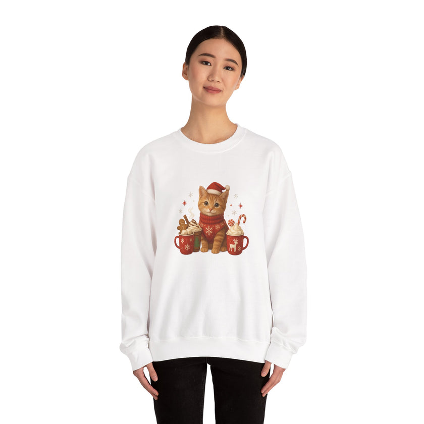 White sweatshirt with a festive cat design worn by a person on a white background