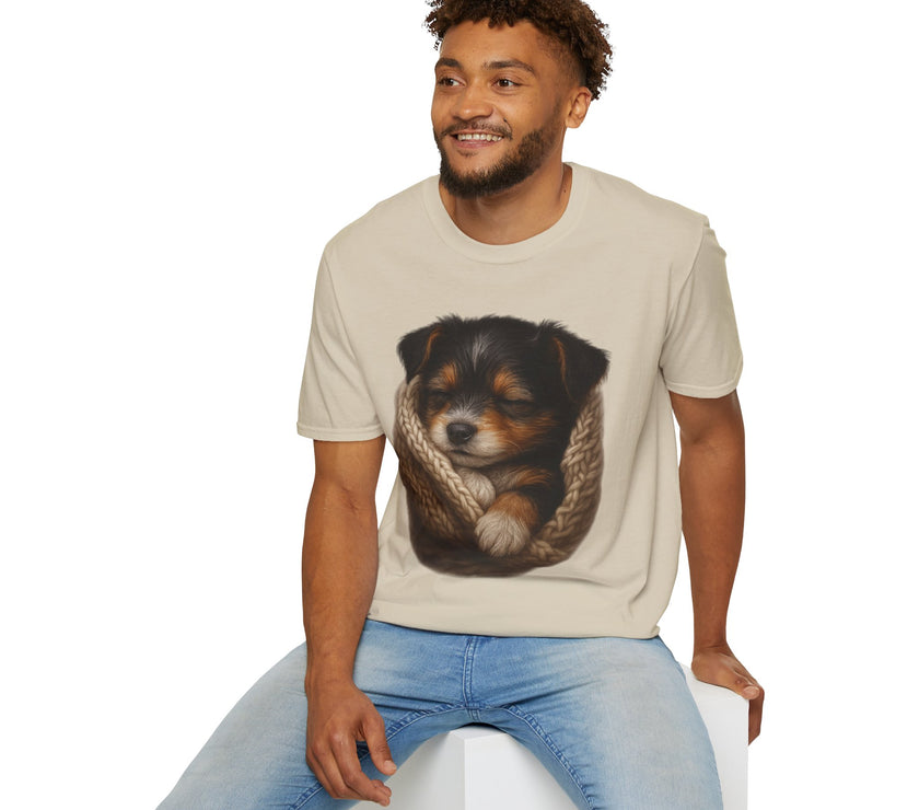 Man wearing a beige t-shirt with a dog graphic on a white background