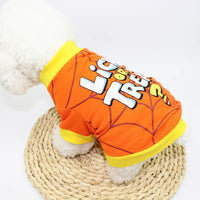 Pet outfit with orange and yellow design on a white background