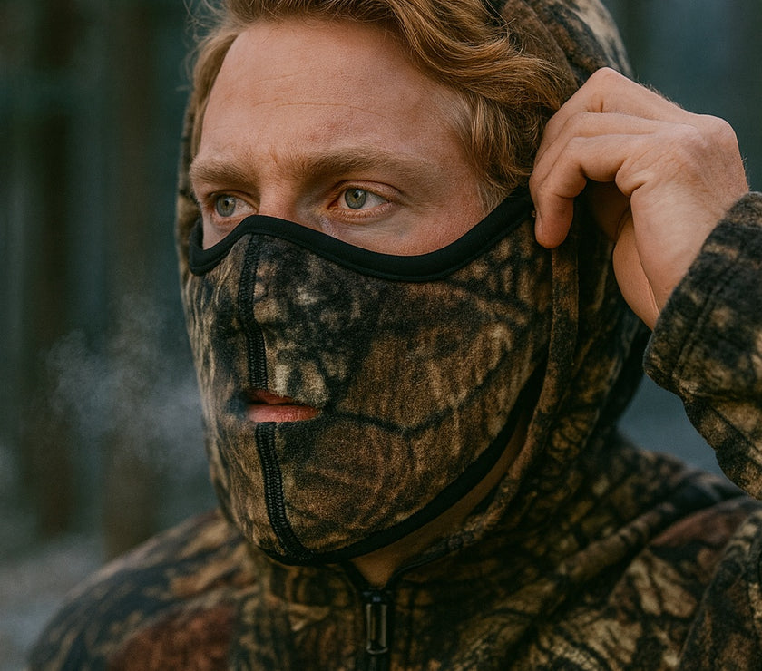 Person wearing a camouflage hood and mask in a forest setting
