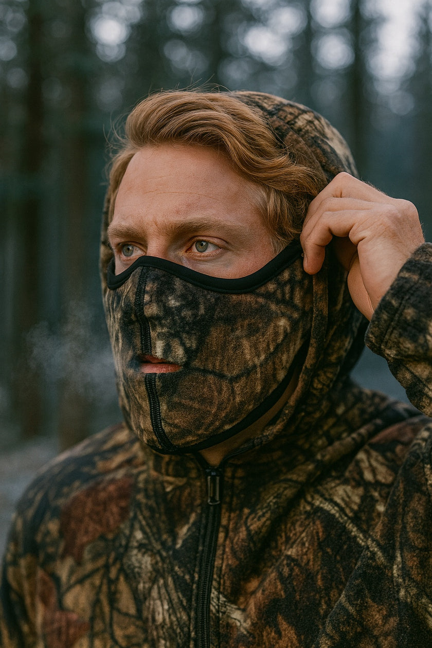 Person wearing a camouflage hood and mask in a forest setting