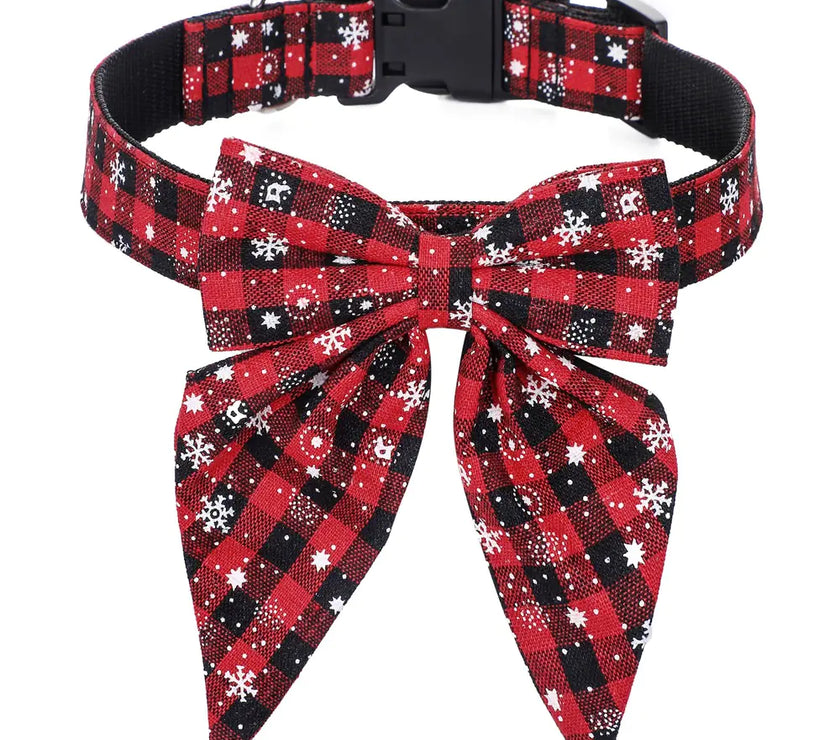 Red, black, and white plaid dog collar with matching bow tie on a white background