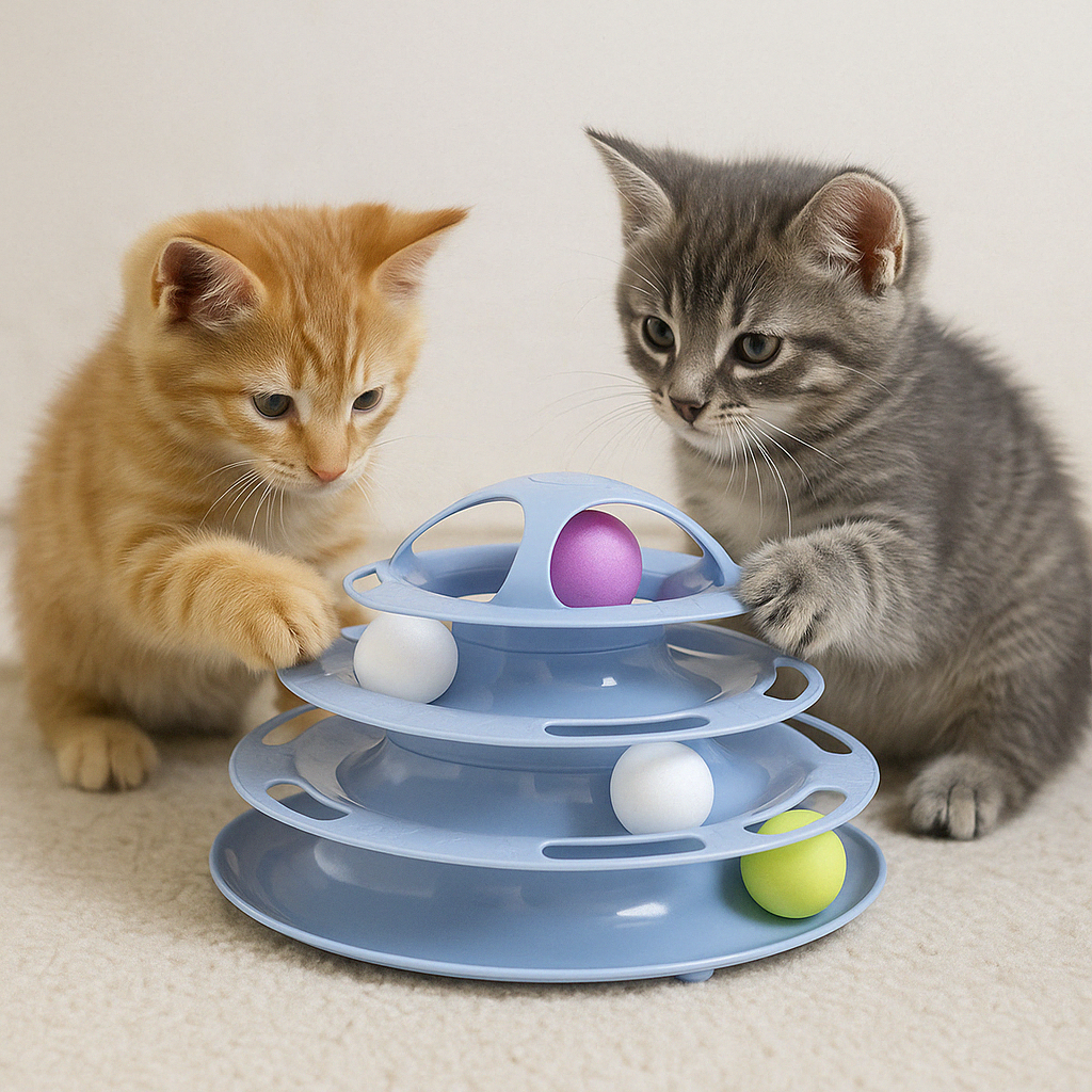 Two kittens playing with Tower Tracks Toy for Cats
