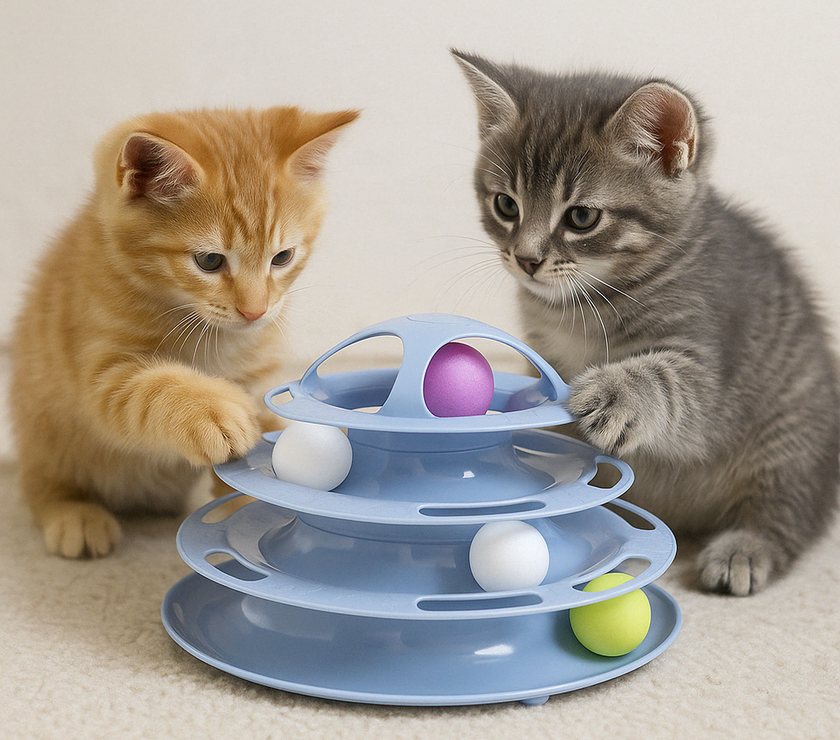 Two kittens playing with Tower Tracks Toy for Cats

