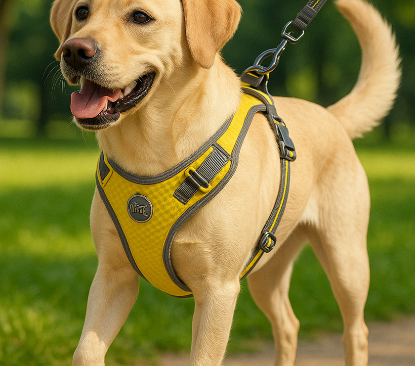 Dog harness on yellow lab
