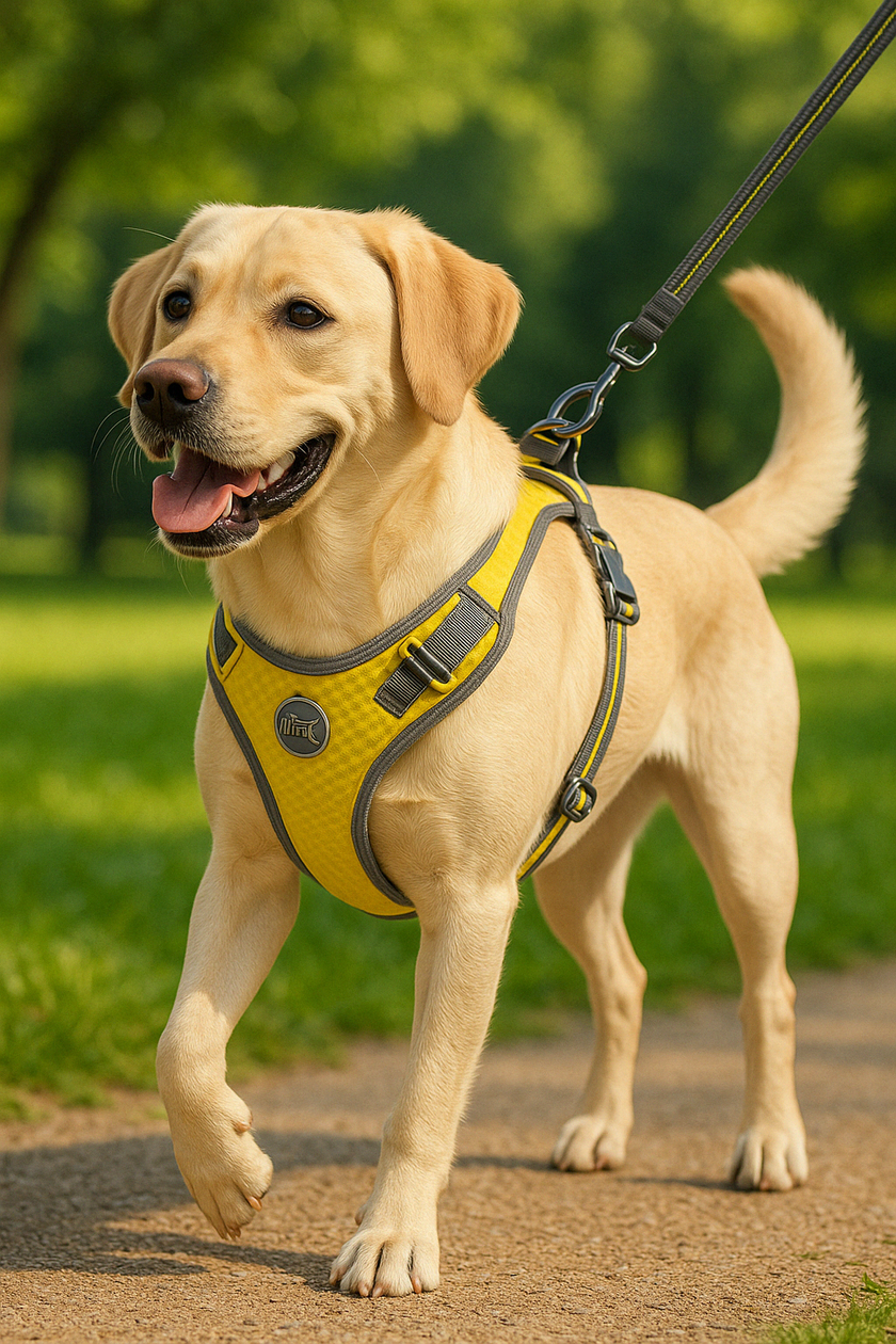 Dog harness on yellow lab
